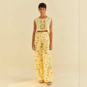 Farm Rio Floral Twill Denim Pants Wide Leg High Waist Crop Length